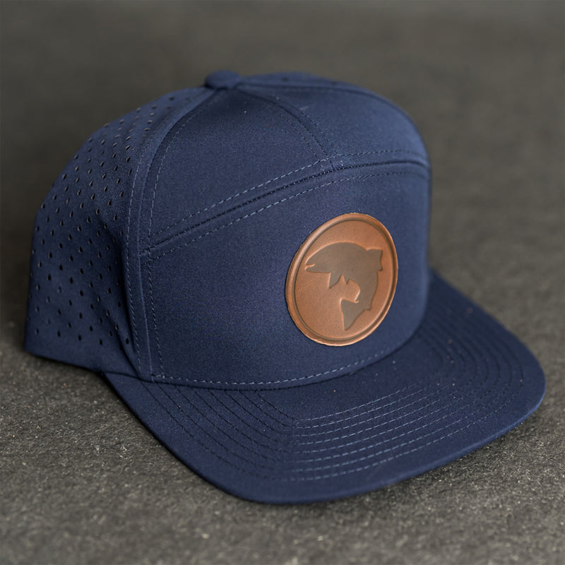 Leather Patch Flat Bill 7 Panel Perforated Performance Hat - Circle Patch - Fish Stamp