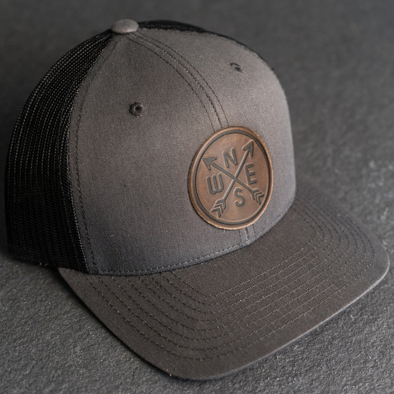 Leather Patch Trucker Style Hat - Compass Rose Stamp