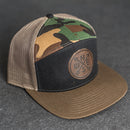 Leather Patch Flat Bill 7 Panel Trucker Hat - Compass Rose Stamp