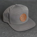 Leather Patch Flat Bill 7 Panel Perforated Performance Hat - Compass Rose Stamp