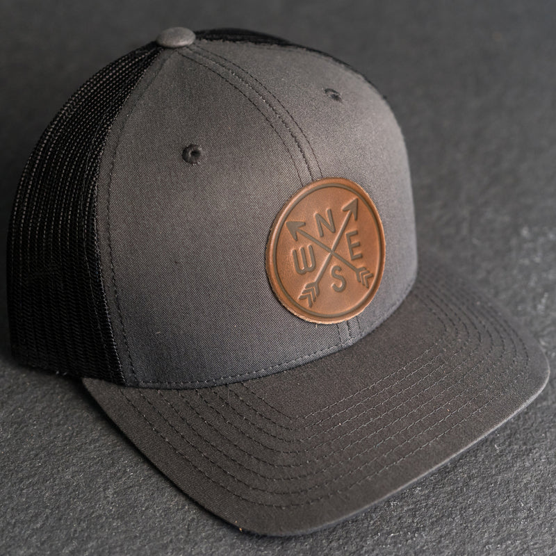 Leather Patch Trucker Style Hat - Compass Rose Stamp