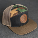 Leather Patch Flat Bill 7 Panel Trucker Hat - Compass Rose Stamp