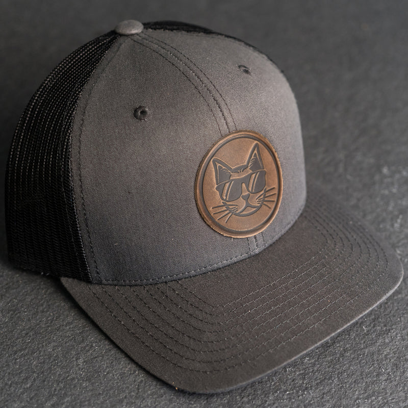 Leather Patch Trucker Style Hat - Cool Cat Stamp