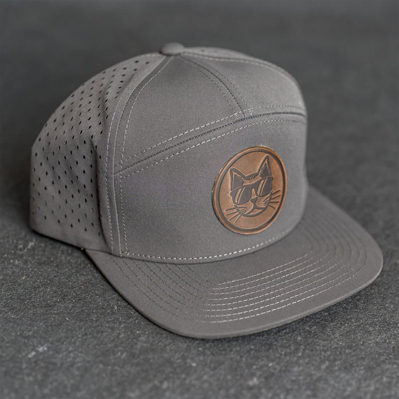 Leather Patch Flat Bill 7 Panel Perforated Performance Hat - Cool Cat Stamp