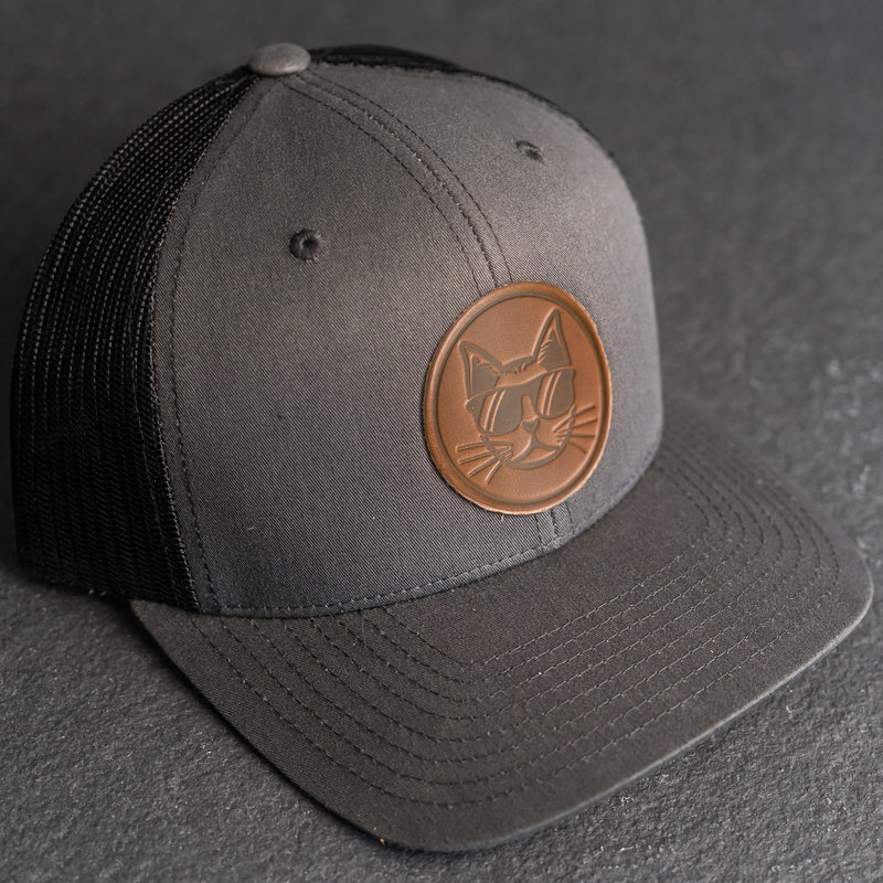 Leather Patch Trucker Style Hat - Cool Cat Stamp