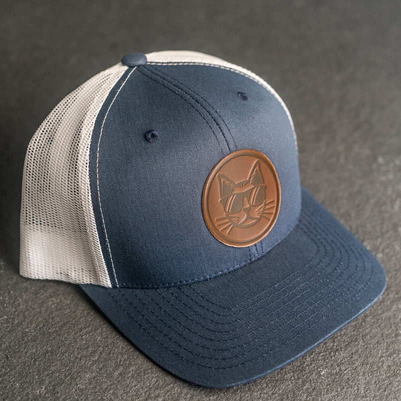 Leather Patch Trucker Style Hat - Cool Cat Stamp