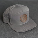 Leather Patch Flat Bill 7 Panel Perforated Performance Hat - Circle Patch - Floral Stamp