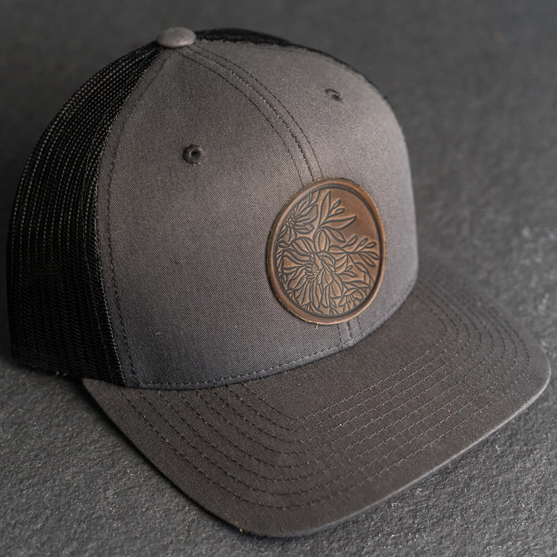 Leather Patch Trucker Style Hat - Circle Patch - Floral Stamp