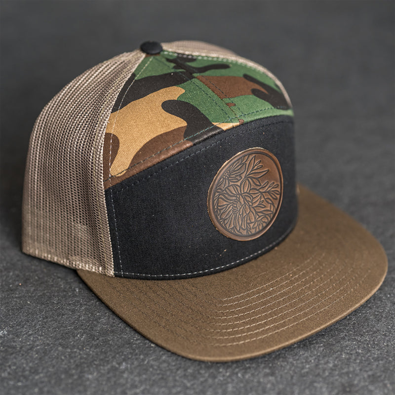 Leather Patch Flat Bill 7 Panel Trucker Hat - Circle Patch - Floral Stamp
