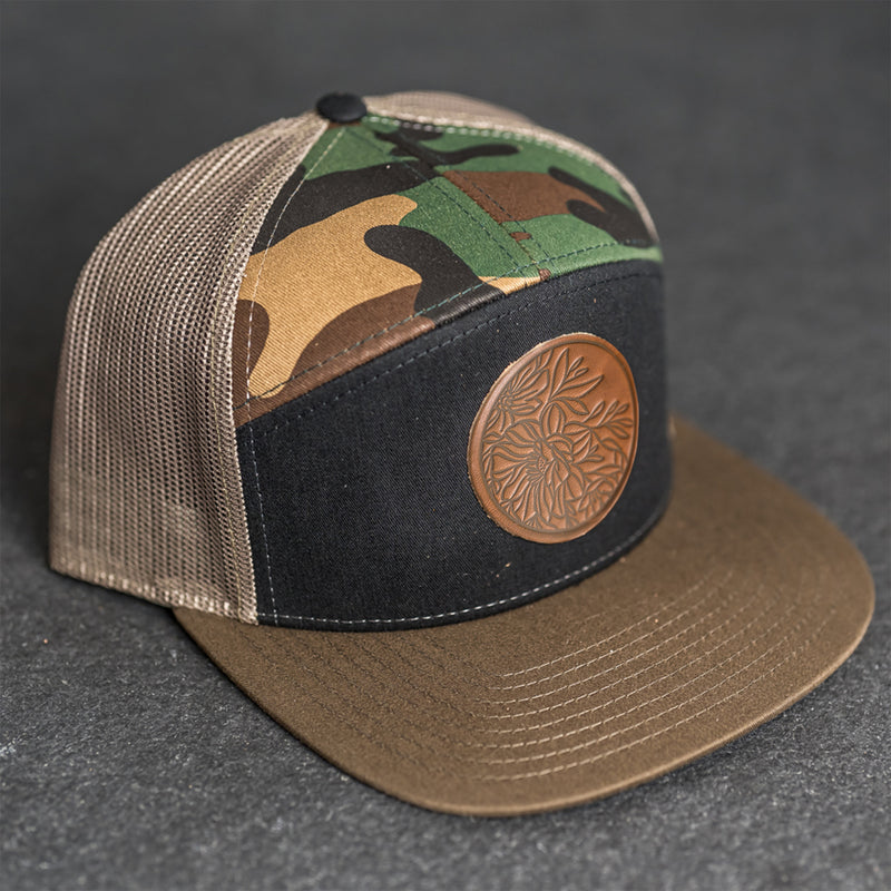 Leather Patch Flat Bill 7 Panel Trucker Hat - Circle Patch - Floral Stamp