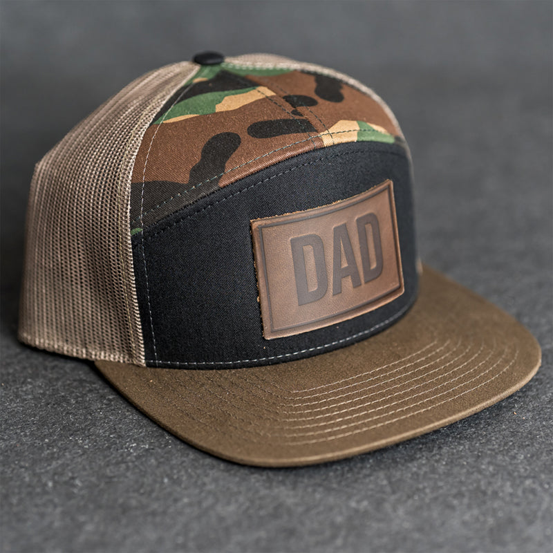 Leather Patch Flat Bill 7 Panel Trucker Hat - Dad Stamp