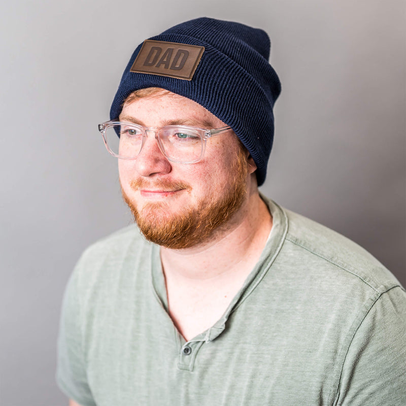 Beanie with Leather Patch Attached - Dad Stamp