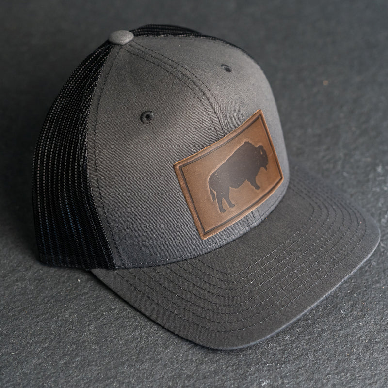 Leather Patch Trucker Style Hat - Bison Stamp