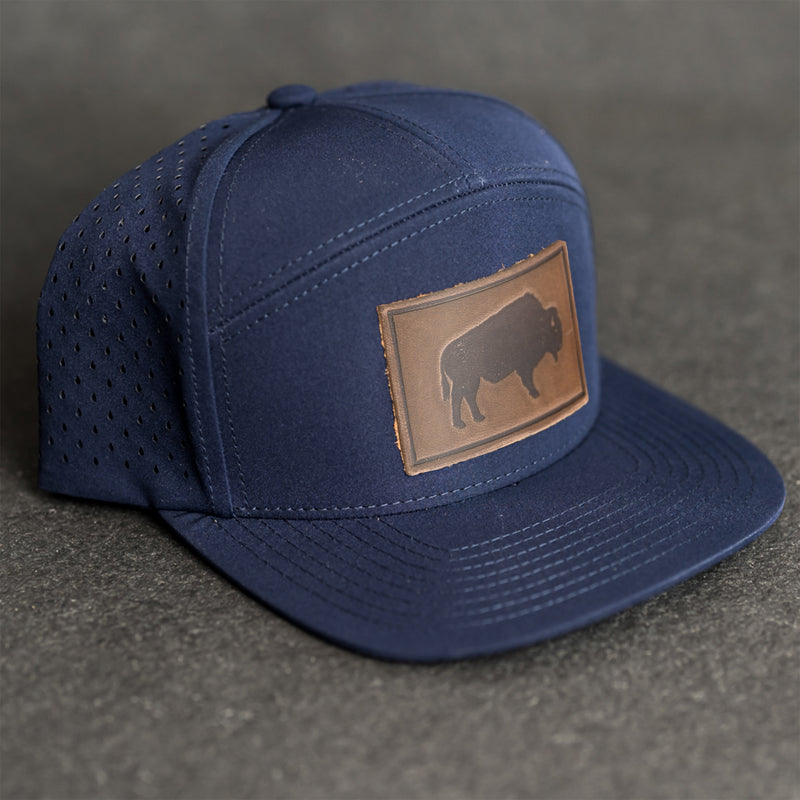 Leather Patch Flat Bill 7 Panel Perforated Performance Hat - Bison Stamp