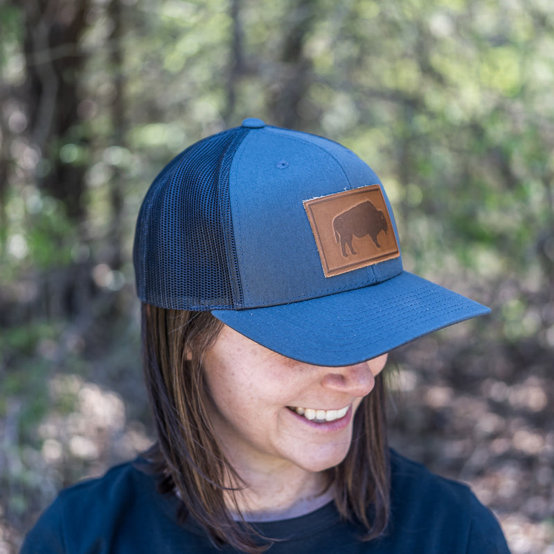 Leather Patch Trucker Style Hat - Bison Stamp