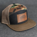 Leather Patch Flat Bill 7 Panel Trucker Hat - Bison Stamp