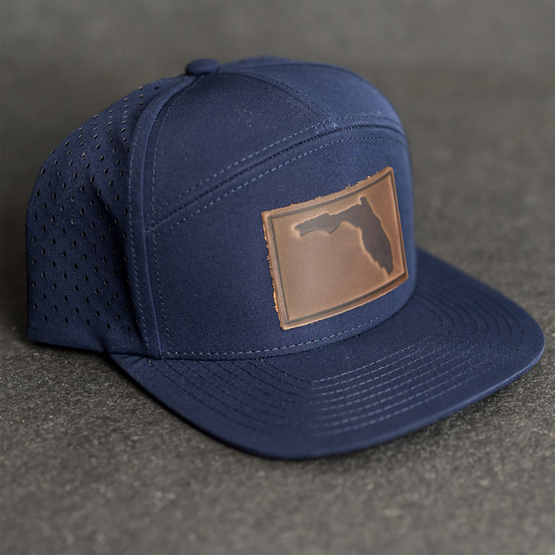 Leather Patch Flat Bill 7 Panel Perforated Performance Hat - Florida Stamp