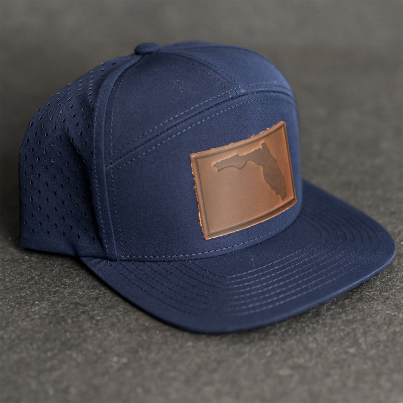 Leather Patch Flat Bill 7 Panel Perforated Performance Hat - Florida Stamp