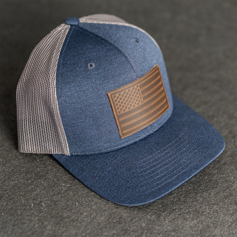Leather Patch Performance Style Trucker Hat - American Flag Stamp