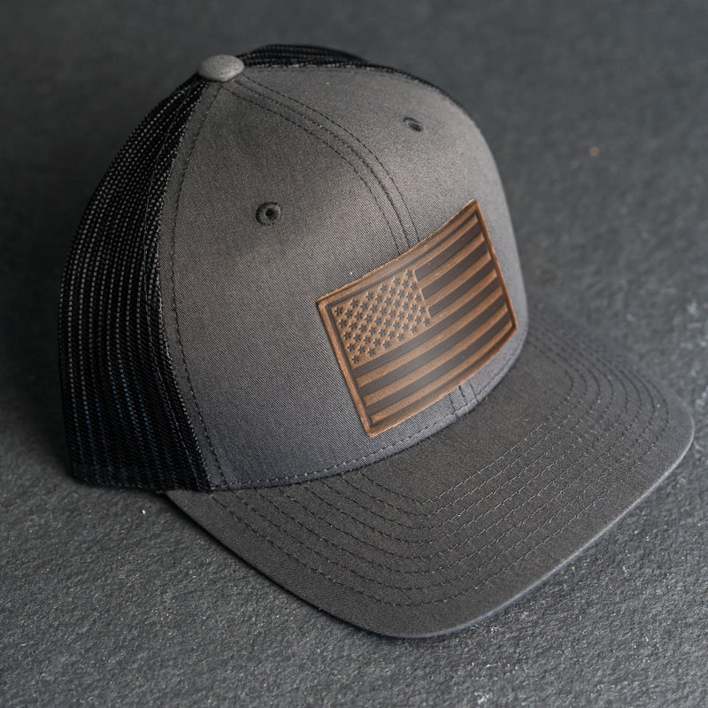 Leather Patch Trucker Style Hat - American Flag Stamp
