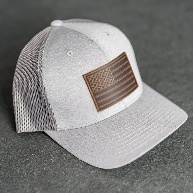 Leather Patch Performance Style Trucker Hat - American Flag Stamp