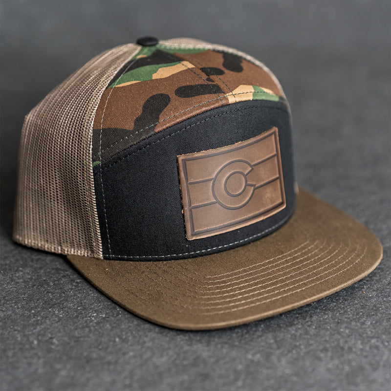 Leather Patch Flat Bill 7 Panel Trucker Hat - Colorado Flag Stamp