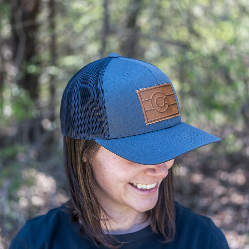 Leather Patch Trucker Style Hat - Colorado Flag Stamp