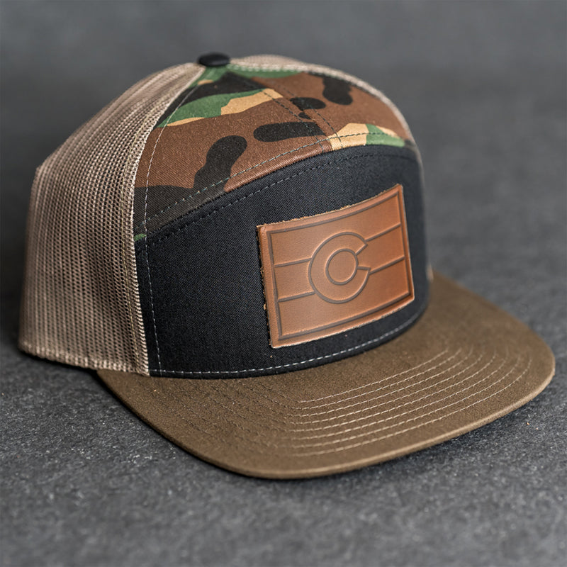 Leather Patch Flat Bill 7 Panel Trucker Hat - Colorado Flag Stamp