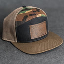 Leather Patch Flat Bill 7 Panel Trucker Hat - Floral Stamp