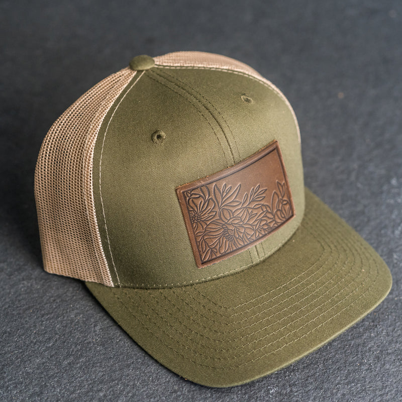 Leather Patch Trucker Style Hat - Floral Stamp