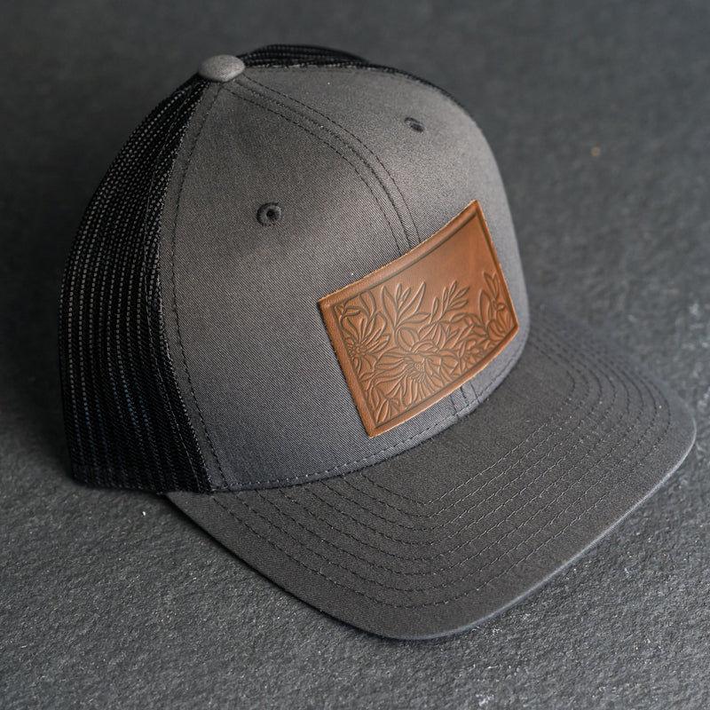 Leather Patch Trucker Style Hat - Floral Stamp
