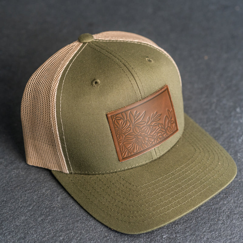 Leather Patch Trucker Style Hat - Floral Stamp