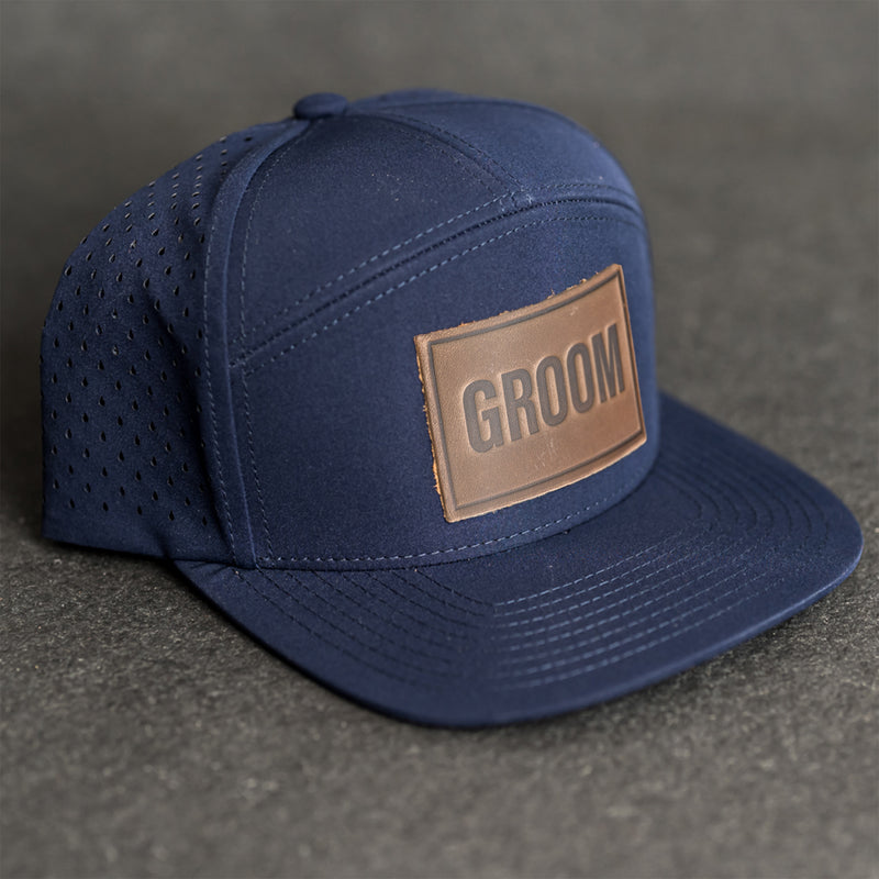 Leather Patch Flat Bill 7 Panel Perforated Performance Hat - Bride or Groom (block) Stamp