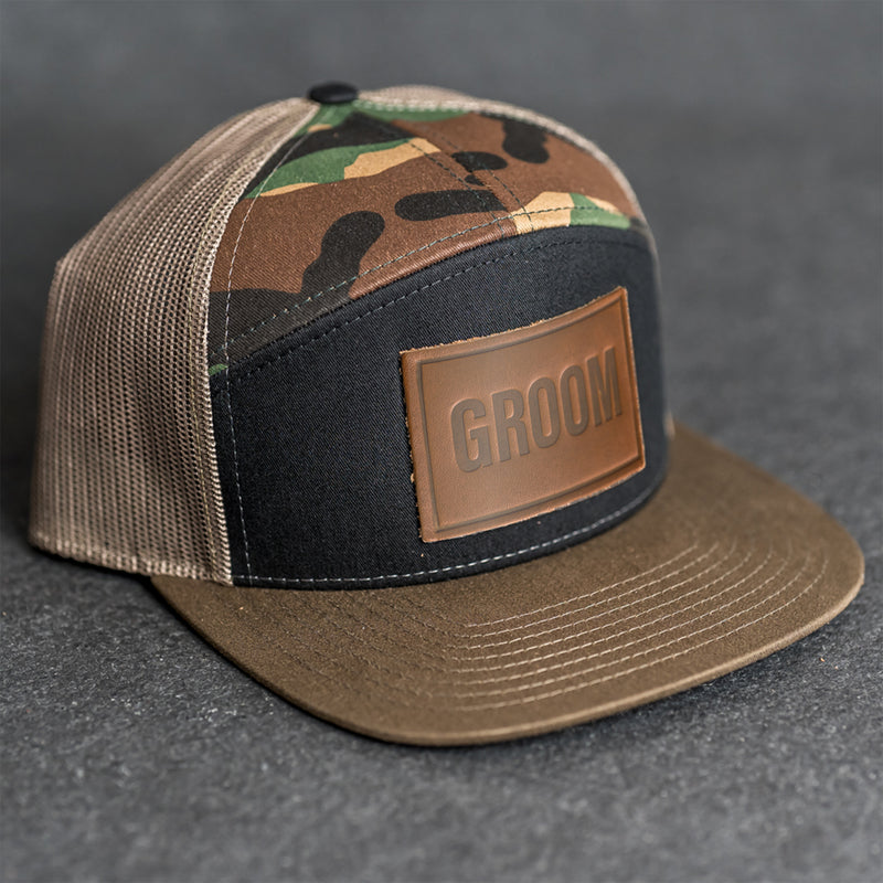 Leather Patch Flat Bill 7 Panel Trucker Hat - Bride or Groom (block) Stamp