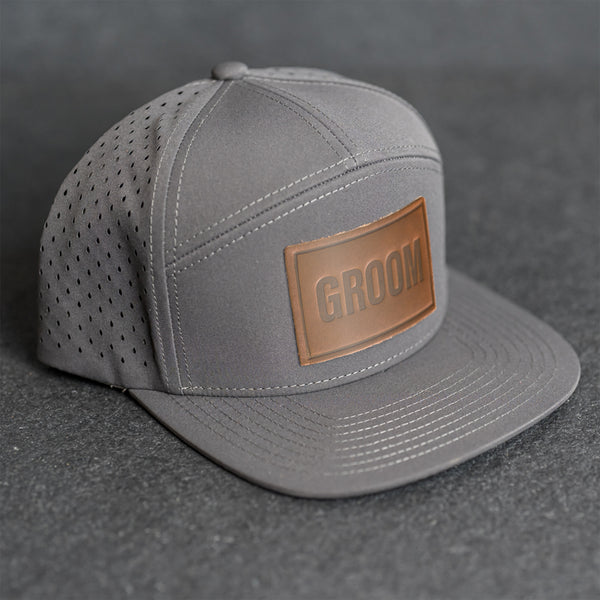 Leather Patch Flat Bill 7 Panel Perforated Performance Hat - Bride or Groom (block) Stamp