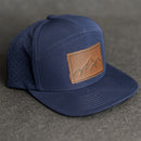 Leather Patch Flat Bill 7 Panel Perforated Performance Hat - Mountains Stamp