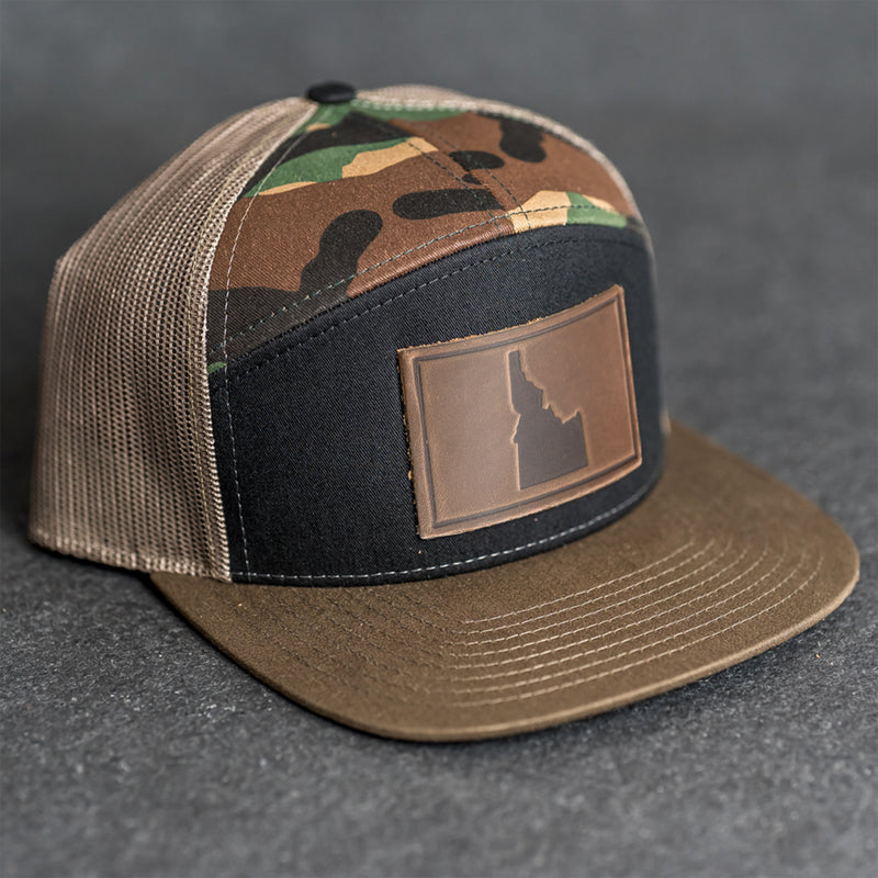 Leather Patch Flat Bill 7 Panel Trucker Hat - Idaho Stamp