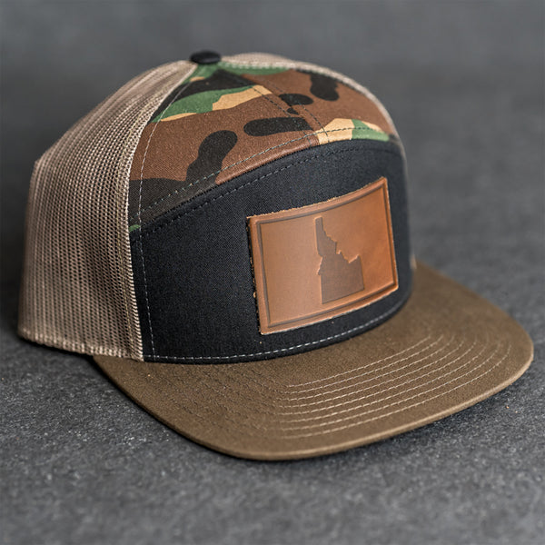 Leather Patch Flat Bill 7 Panel Trucker Hat - Idaho Stamp
