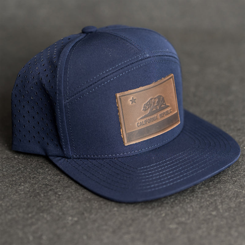 Leather Patch Flat Bill 7 Panel Perforated Performance Hat - California Flag Stamp