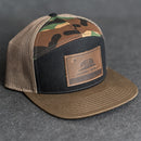 Leather Patch Flat Bill 7 Panel Trucker Hat - California Flag Stamp