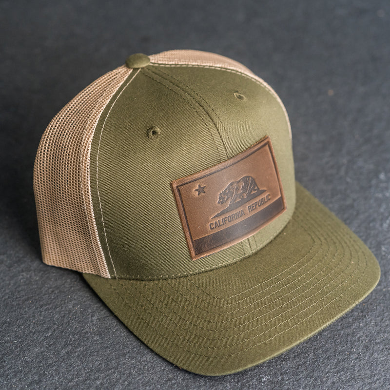 Leather Patch Trucker Style Hat - California Flag Stamp