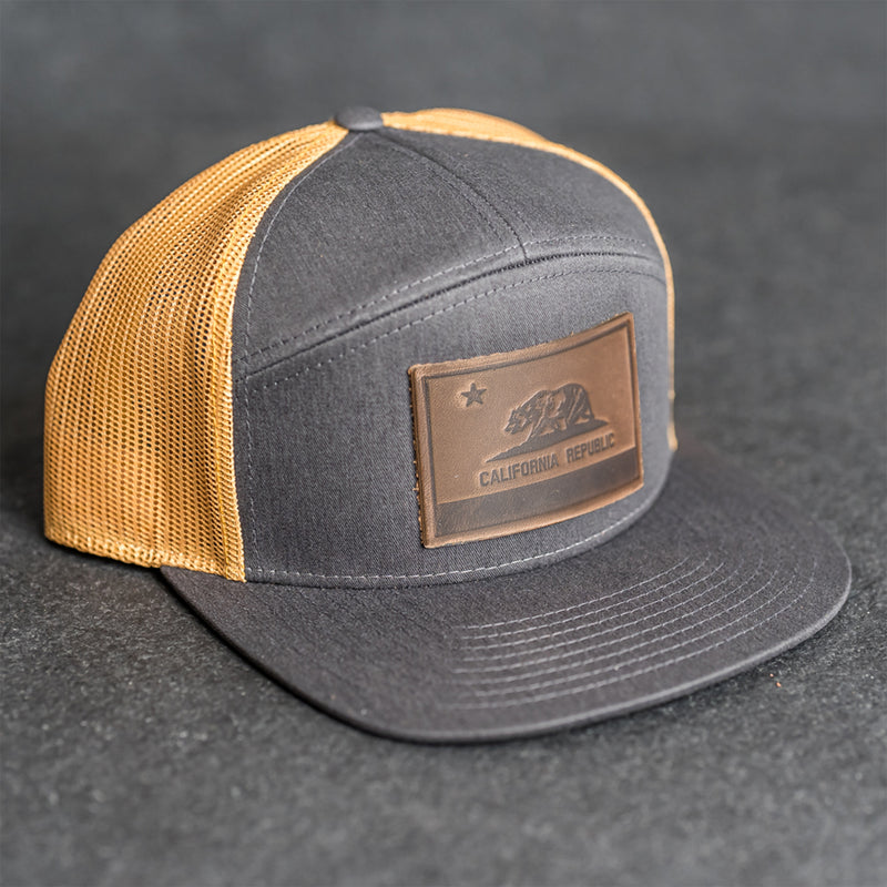 Leather Patch Flat Bill 7 Panel Trucker Hat - California Flag Stamp