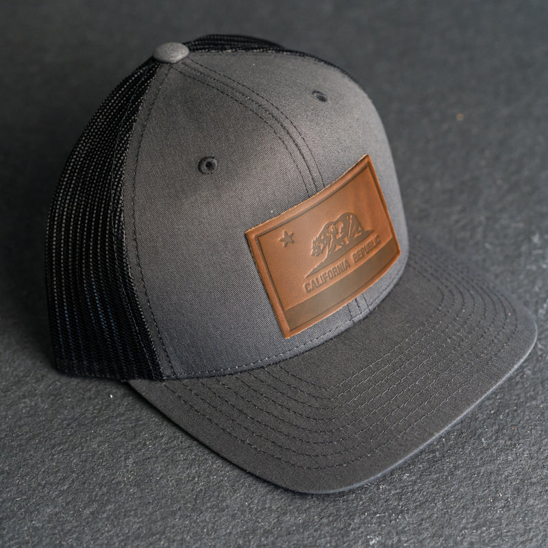 Leather Patch Trucker Style Hat - California Flag Stamp