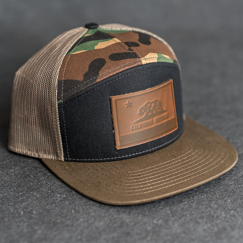 Leather Patch Flat Bill 7 Panel Trucker Hat - California Flag Stamp