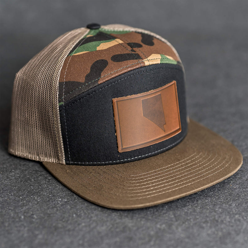 Leather Patch Flat Bill 7 Panel Trucker Hat - Nevada Stamp