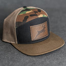 Leather Patch Flat Bill 7 Panel Trucker Hat - Deer Stamp