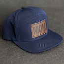 Leather Patch Flat Bill 7 Panel Perforated Performance Hat - Mom Stamp - Block Font