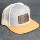 Leather Patch Flat Bill Trucker Hat - Mom Stamp - Block Font