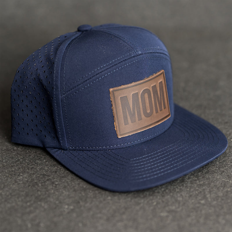 Leather Patch Flat Bill 7 Panel Perforated Performance Hat - Mom Stamp - Block Font
