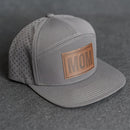 Leather Patch Flat Bill 7 Panel Perforated Performance Hat - Mom Stamp - Block Font